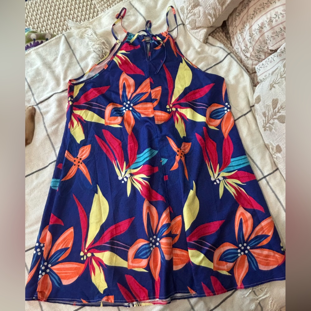 SHEIN Navy Halter Mini Dress with Orange, Pink & Yellow Floral Print - Picture 8 of 12